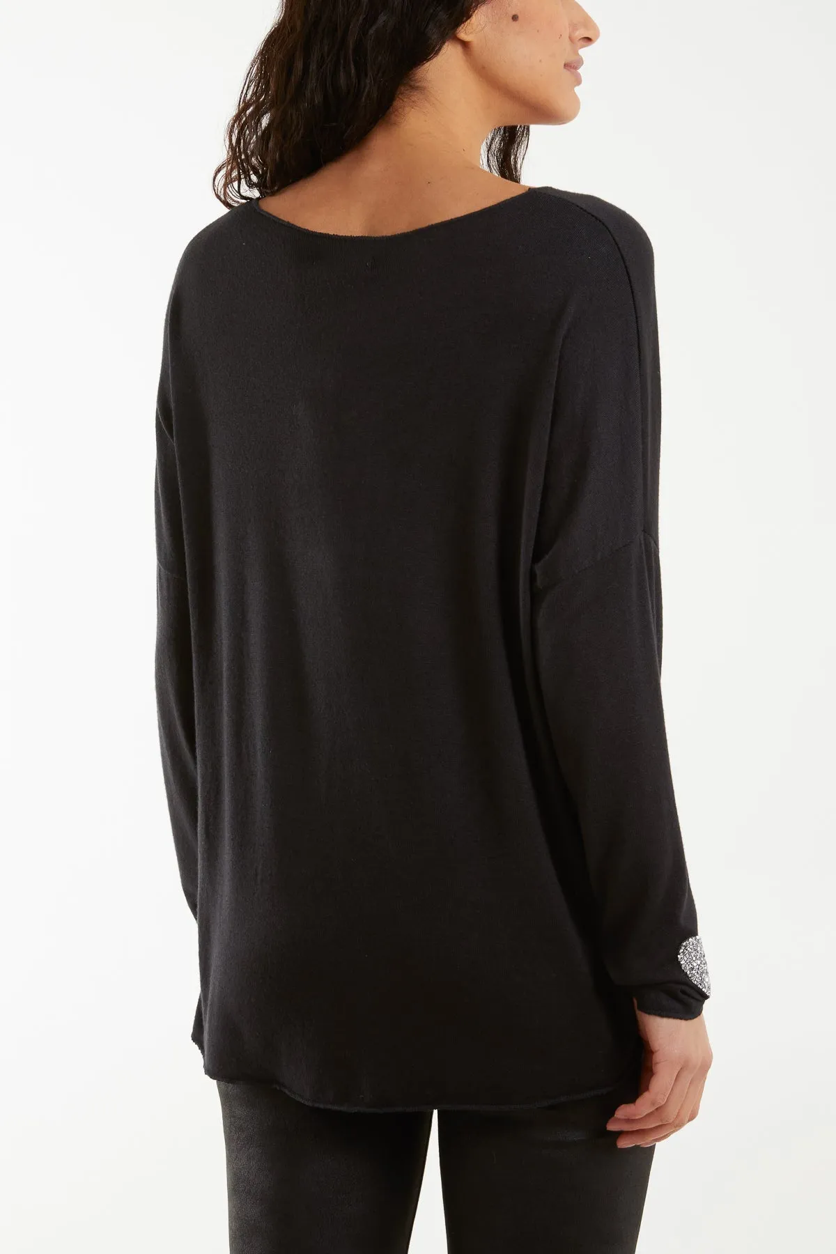 Appliqued Heart Sleeves Fine Knit Jumper