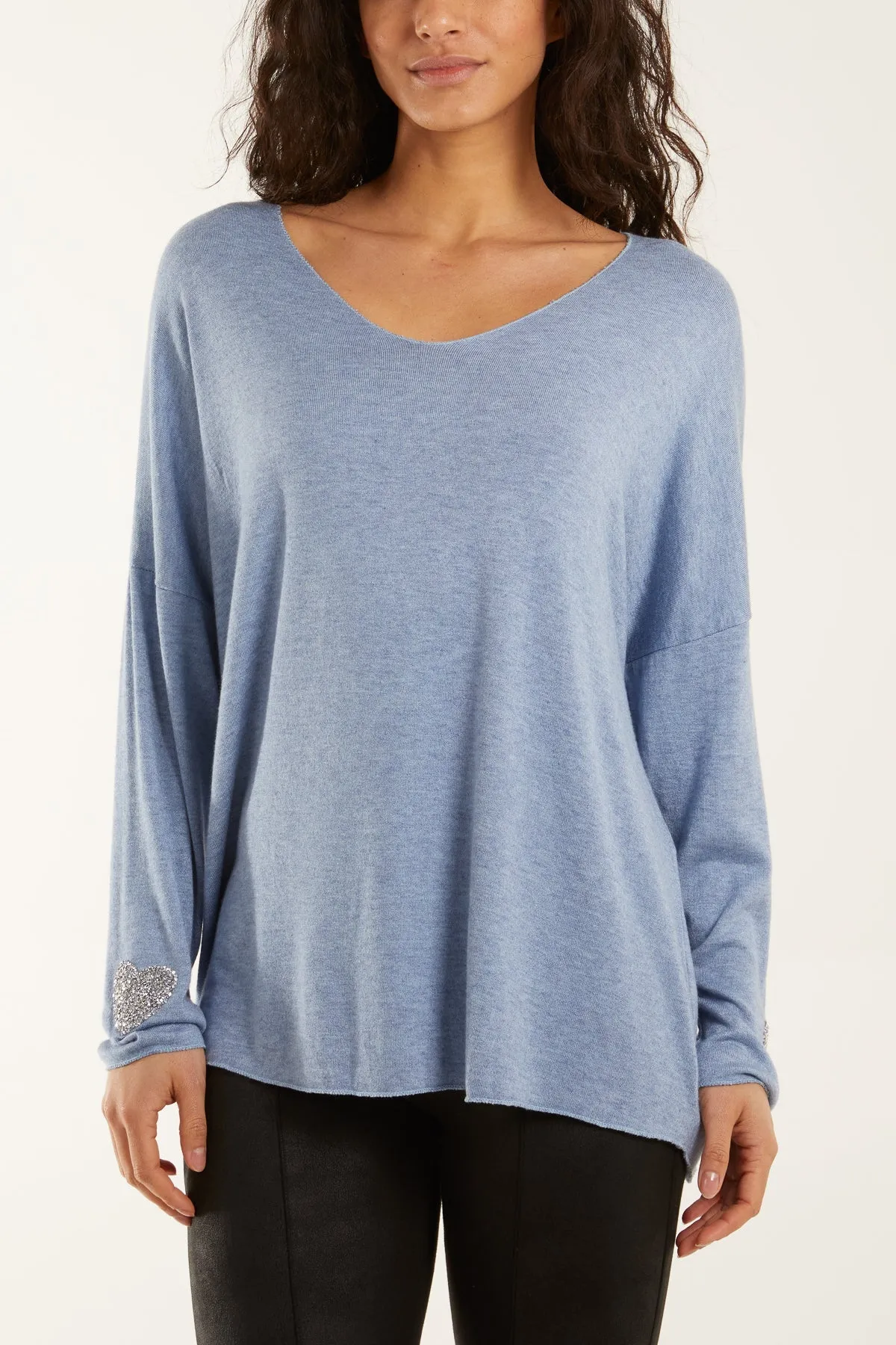 Appliqued Heart Sleeves Fine Knit Jumper