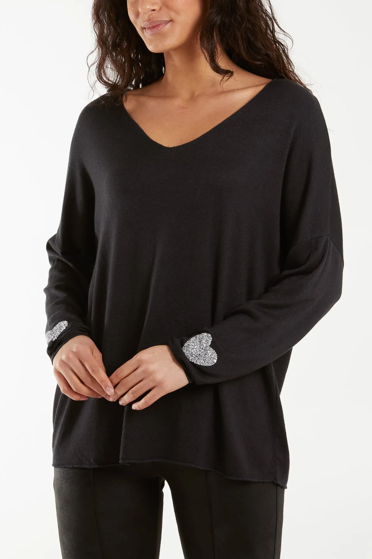 Appliqued Heart Sleeves Fine Knit Jumper