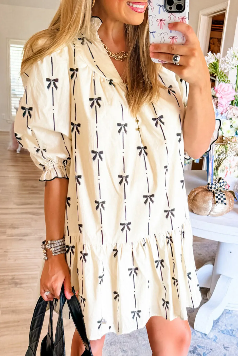 Apricot Bow Printed Puff Sleeve Ruffled Plus Size Mini Dress