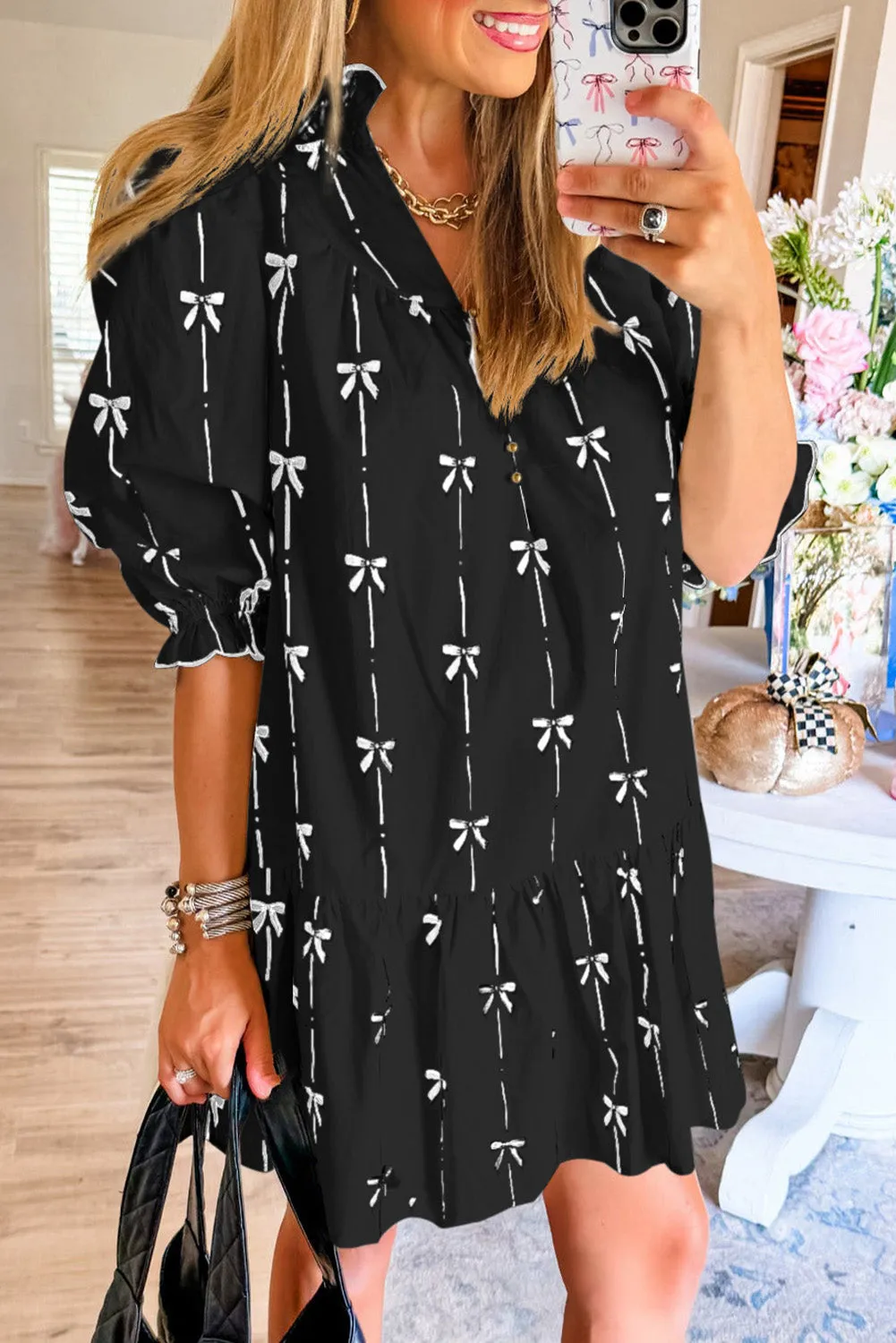 Apricot Bow Printed Puff Sleeve Ruffled Plus Size Mini Dress