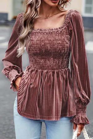 Apricot Pink Plus Size Velvet Ribbed Knit Tiered Ruffled Mini Dress