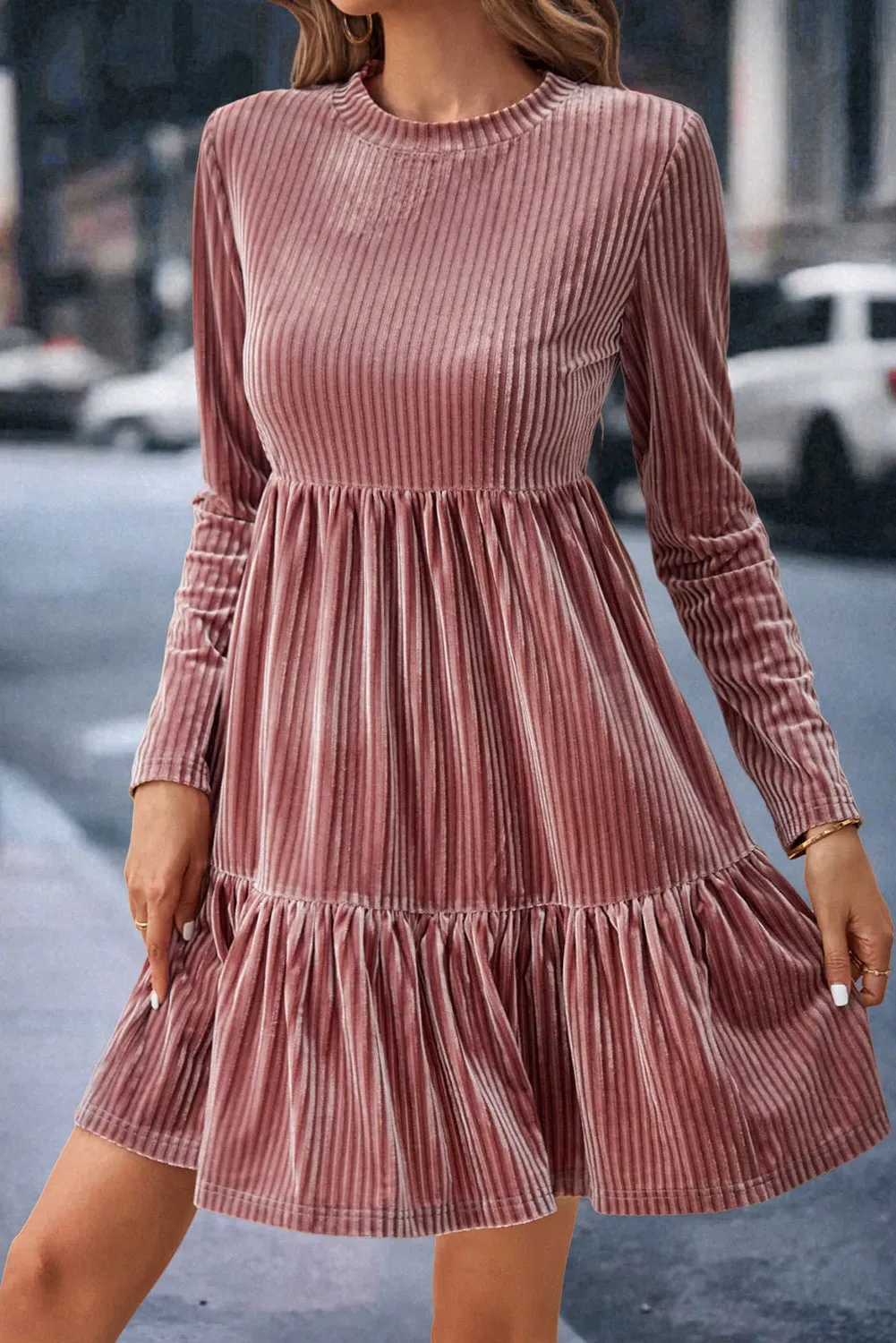 Apricot Pink Plus Size Velvet Ribbed Knit Tiered Ruffled Mini Dress