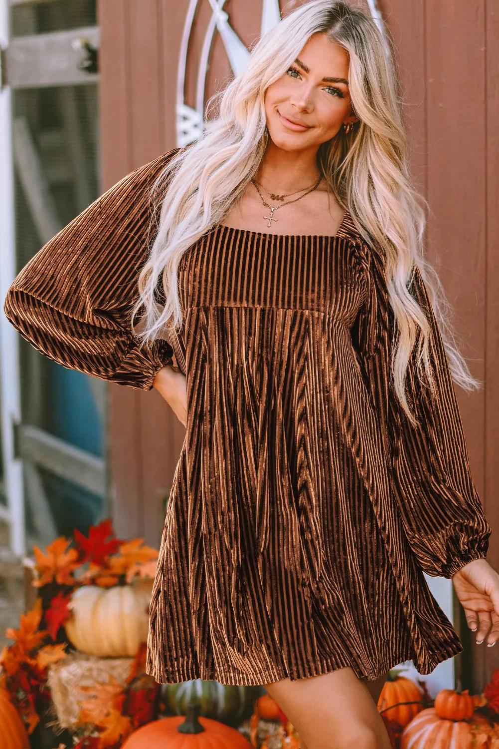Apricot Pink Plus Size Velvet Ribbed Knit Tiered Ruffled Mini Dress