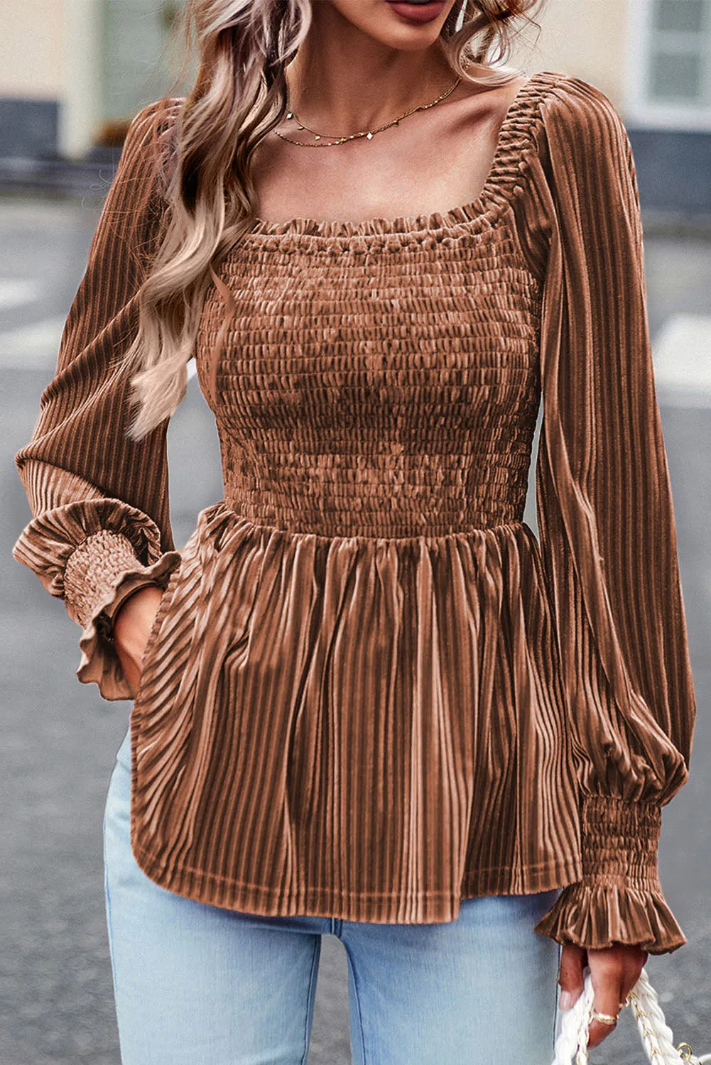 Apricot Pink Plus Size Velvet Ribbed Knit Tiered Ruffled Mini Dress