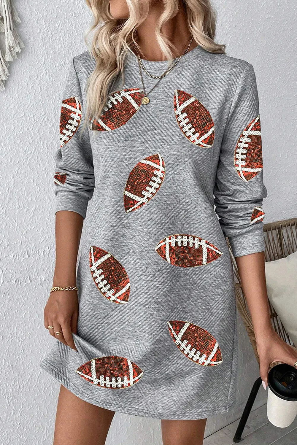 Apricot Solid Color Textured Long Sleeve Shift Dress