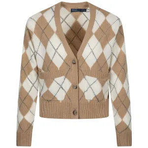 Argyle Wool V-Neck Cardigan Camel Multi