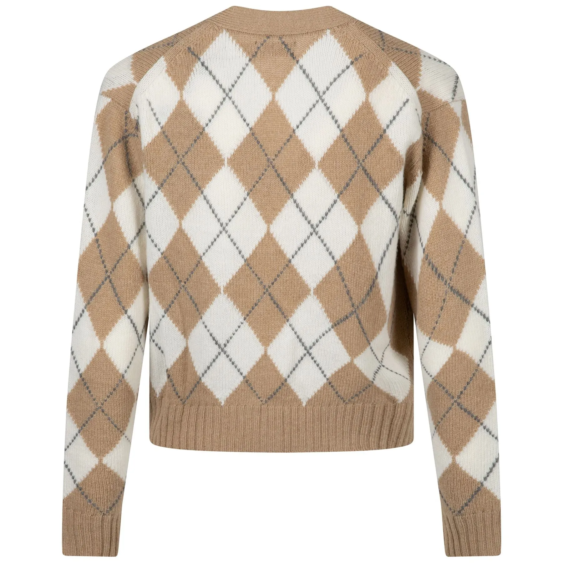 Argyle Wool V-Neck Cardigan Camel Multi