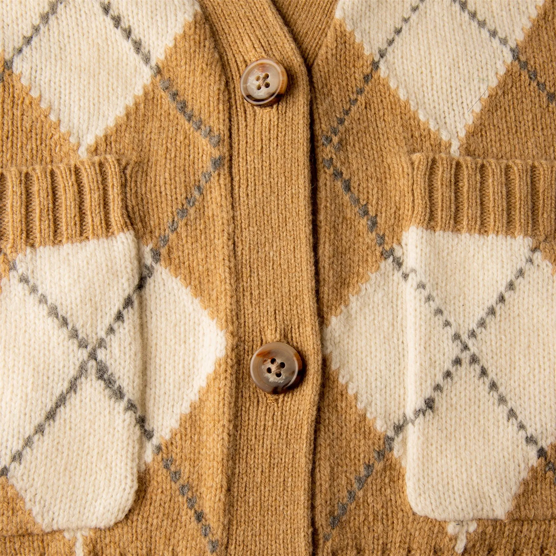 Argyle Wool V-Neck Cardigan Camel Multi