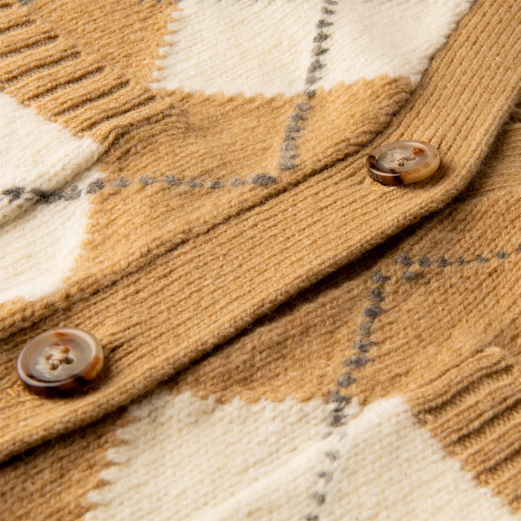 Argyle Wool V-Neck Cardigan Camel Multi
