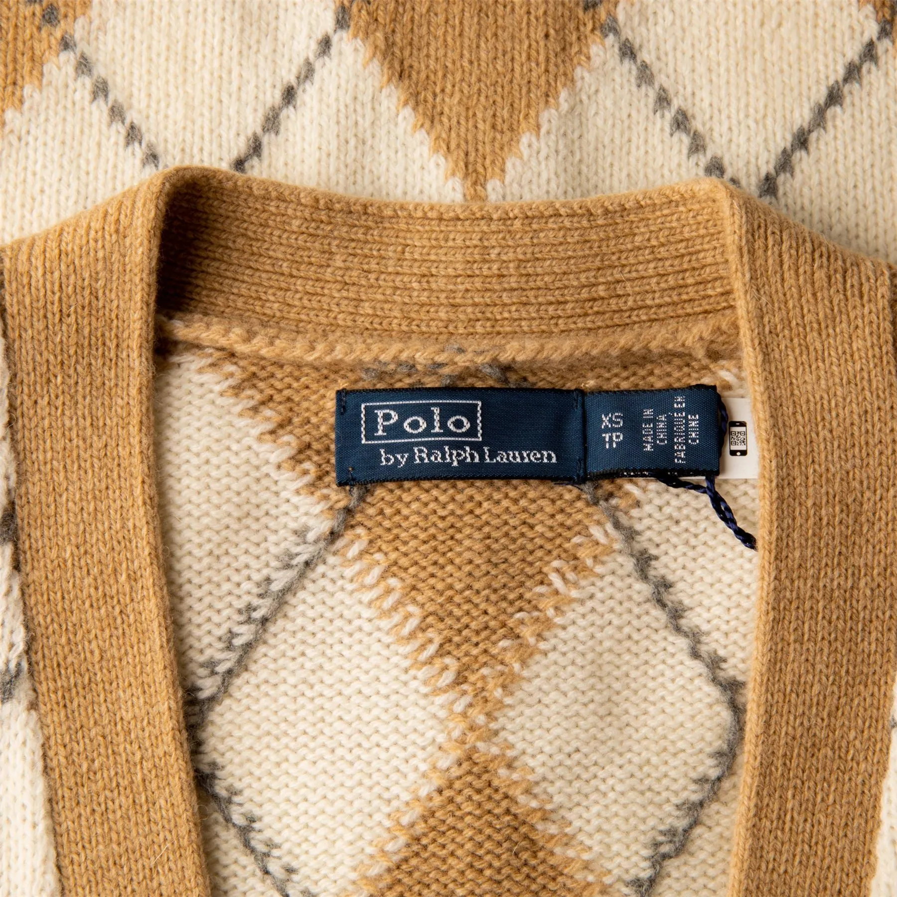 Argyle Wool V-Neck Cardigan Camel Multi