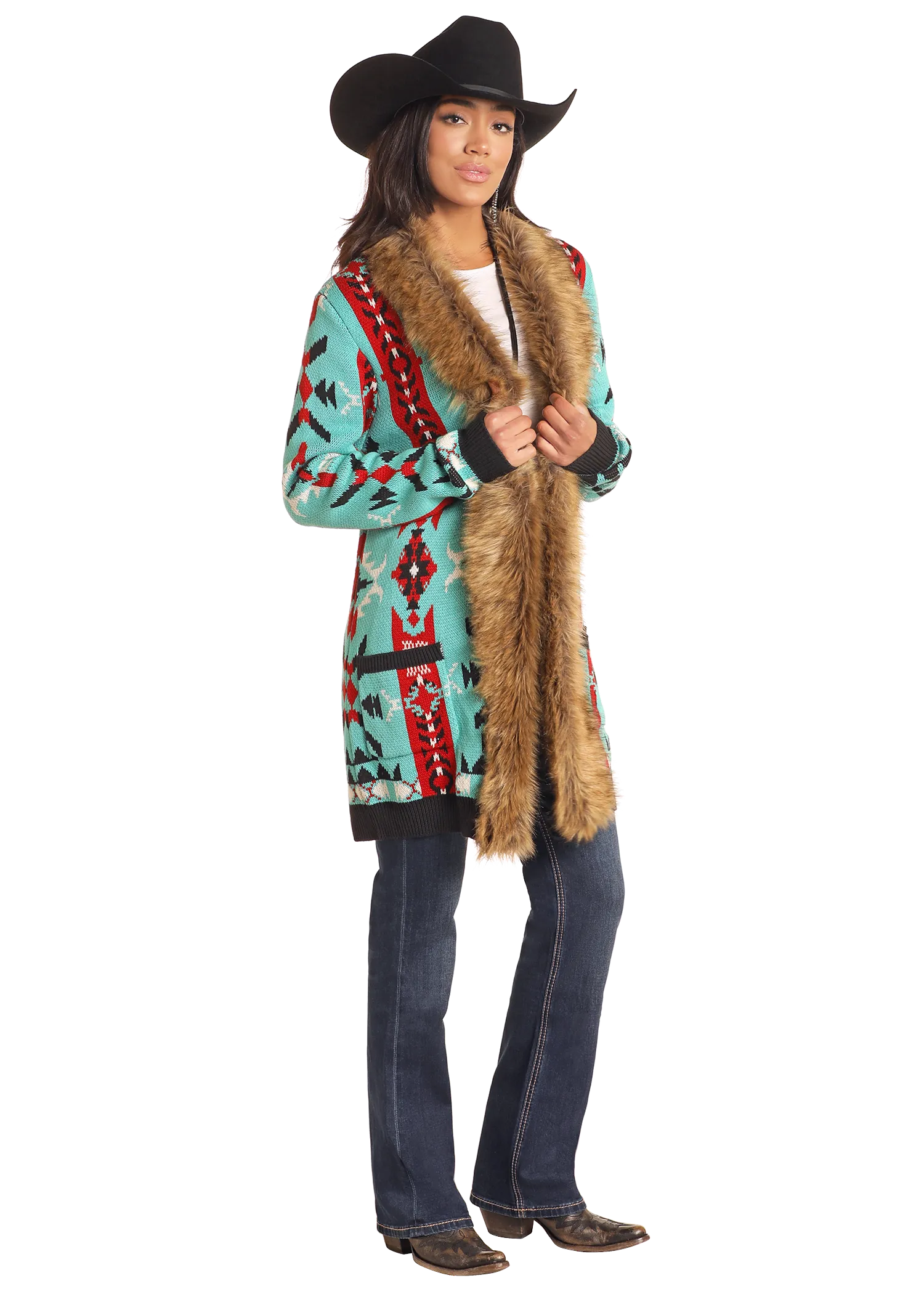 Aztec Fur Trim Cardigan