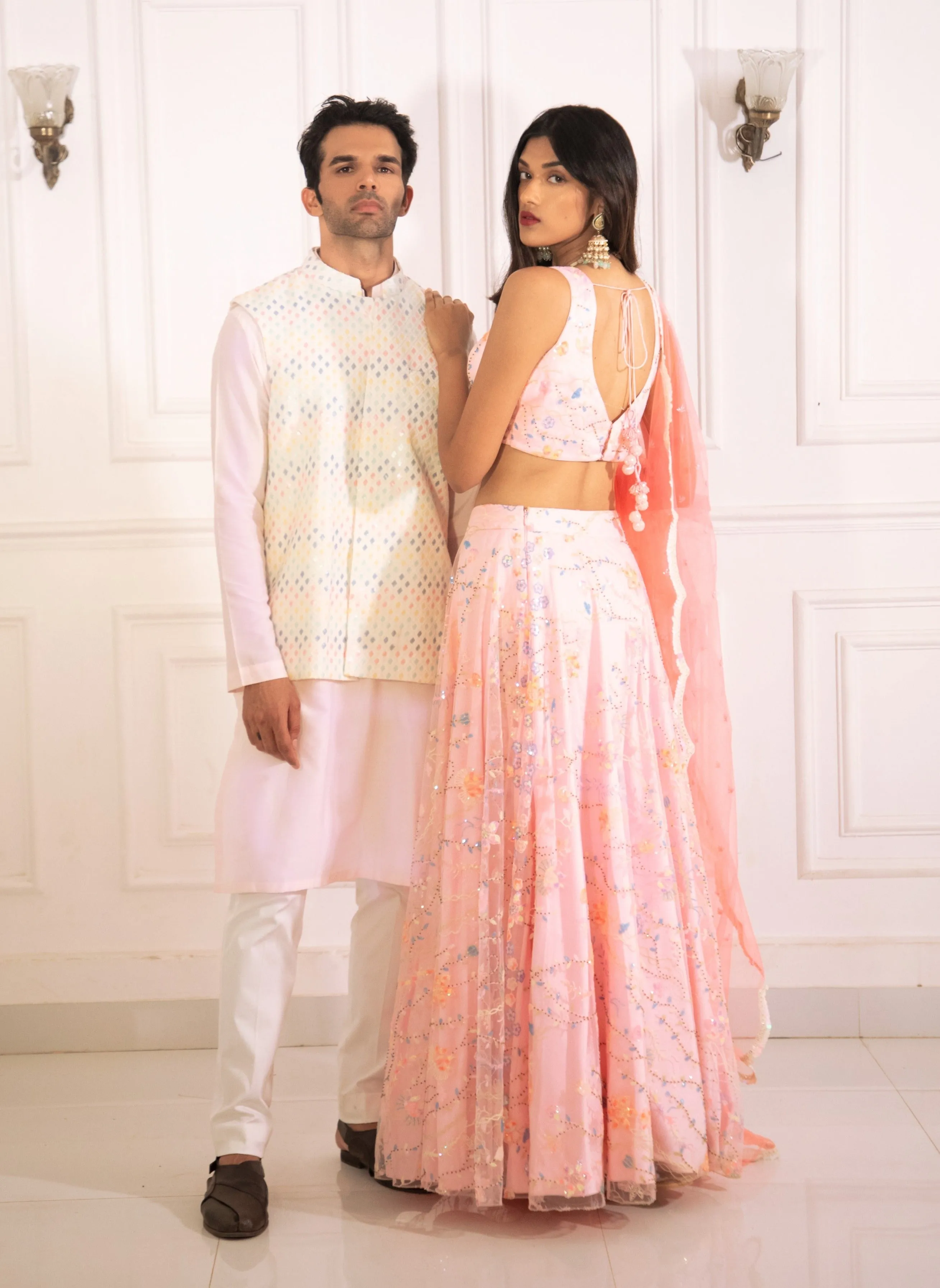 Baby Pink Kurta with White Multi Sequins Bundi and Pants