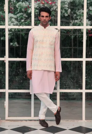 Baby Pink Kurta with White Multi Sequins Bundi and Pants