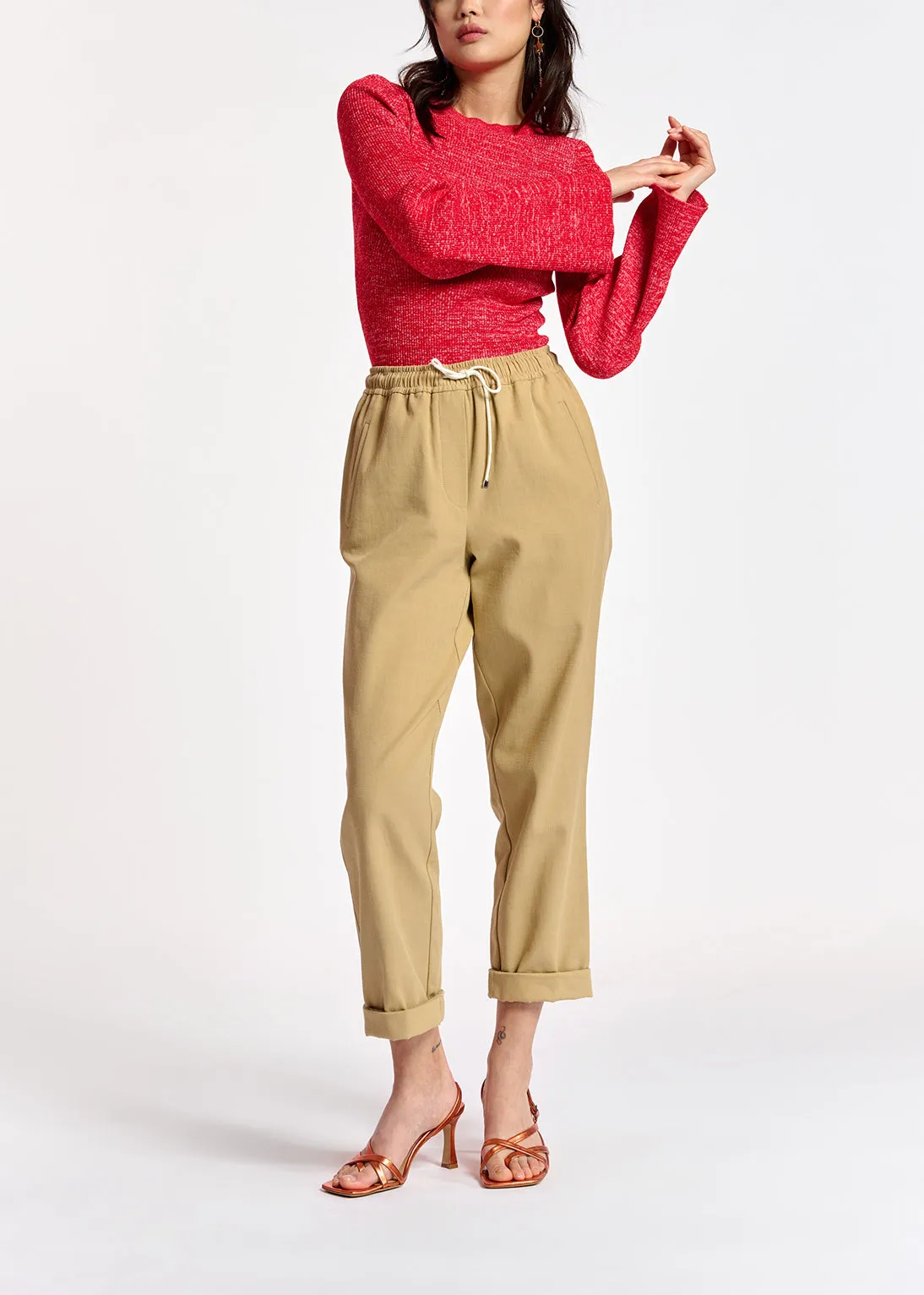 Beige cotton tapered pants