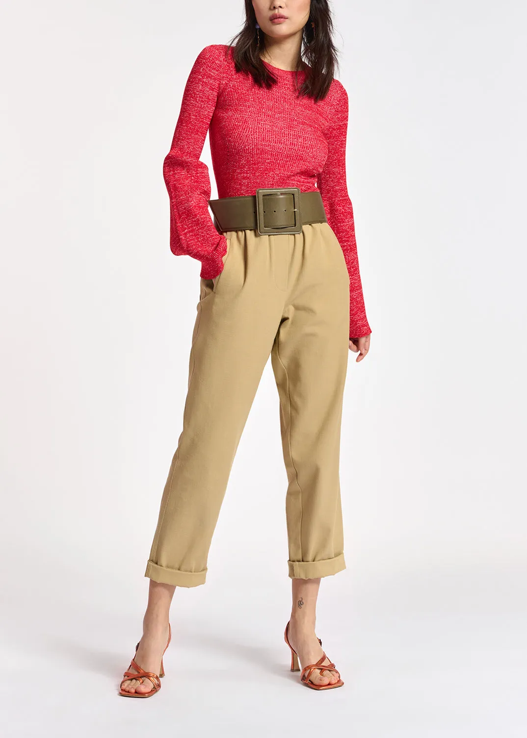 Beige cotton tapered pants
