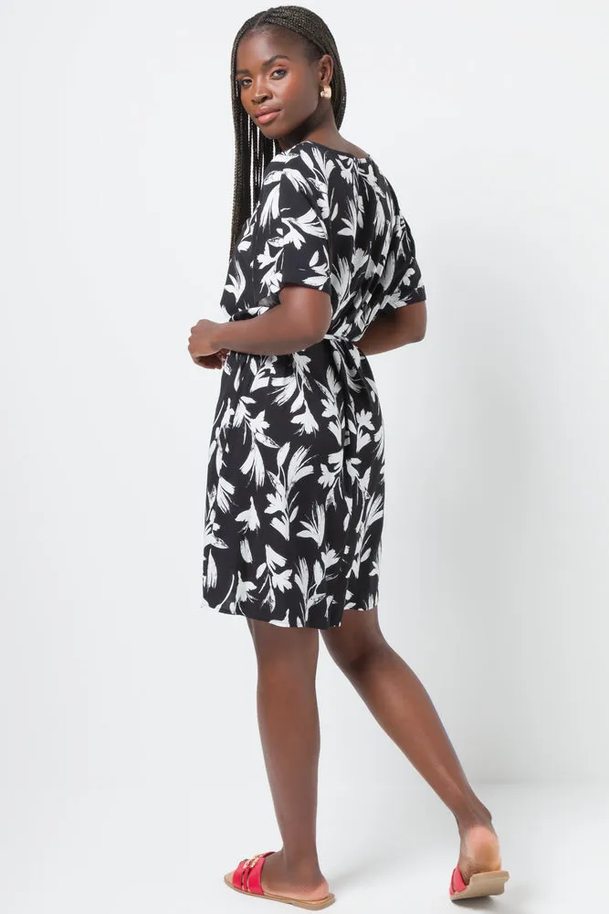 Belted Boatneck Shift Dress Black