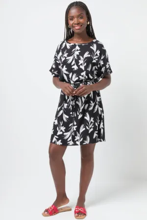 Belted Boatneck Shift Dress Black