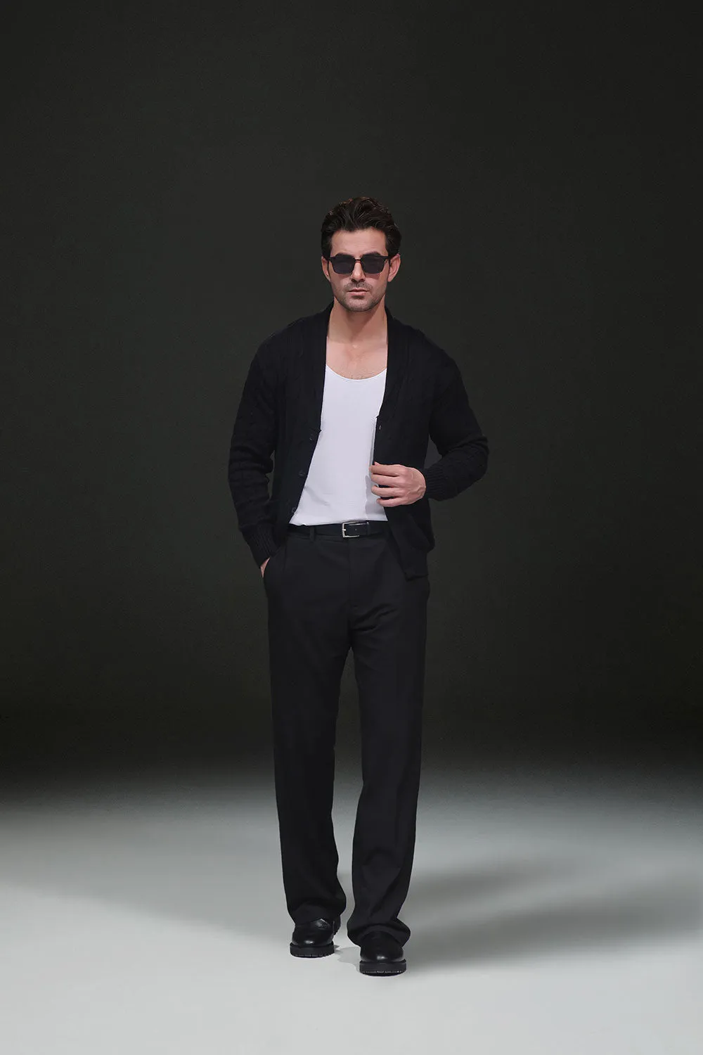 Black Cable Knit Shawl Cardigan Sweater