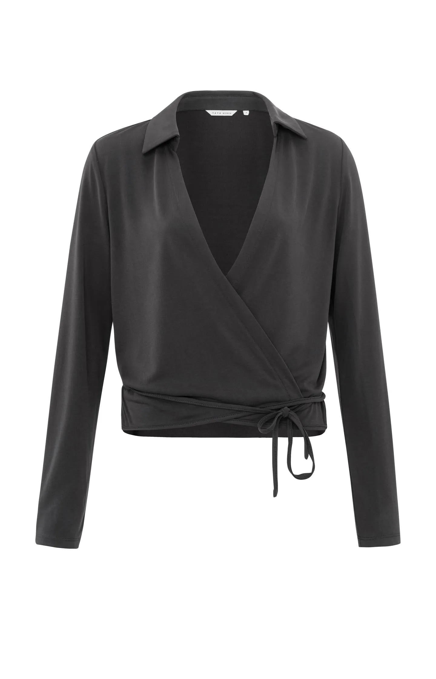 Black jersey wrap blouse with long sleeves and a V-neck