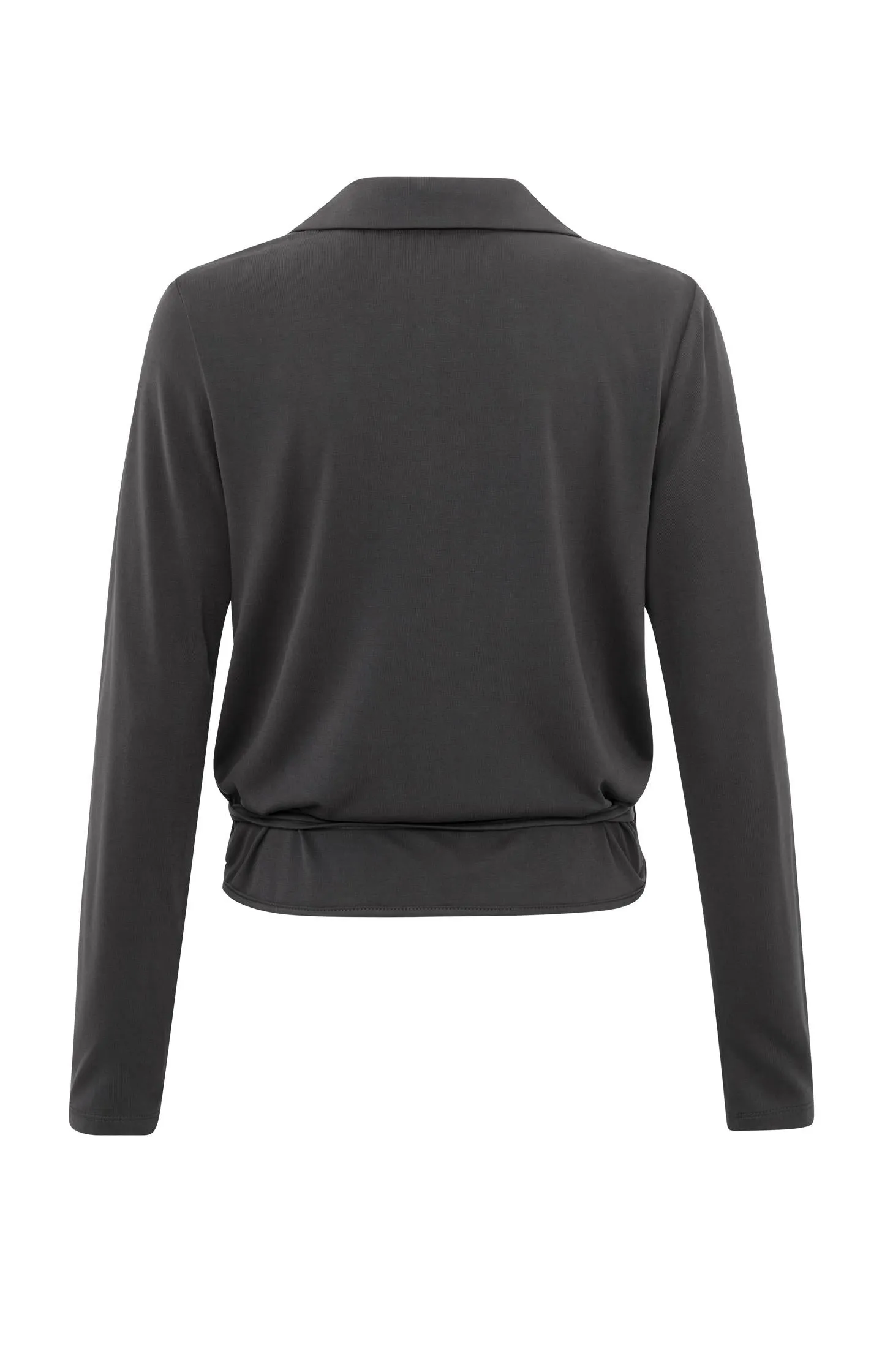 Black jersey wrap blouse with long sleeves and a V-neck