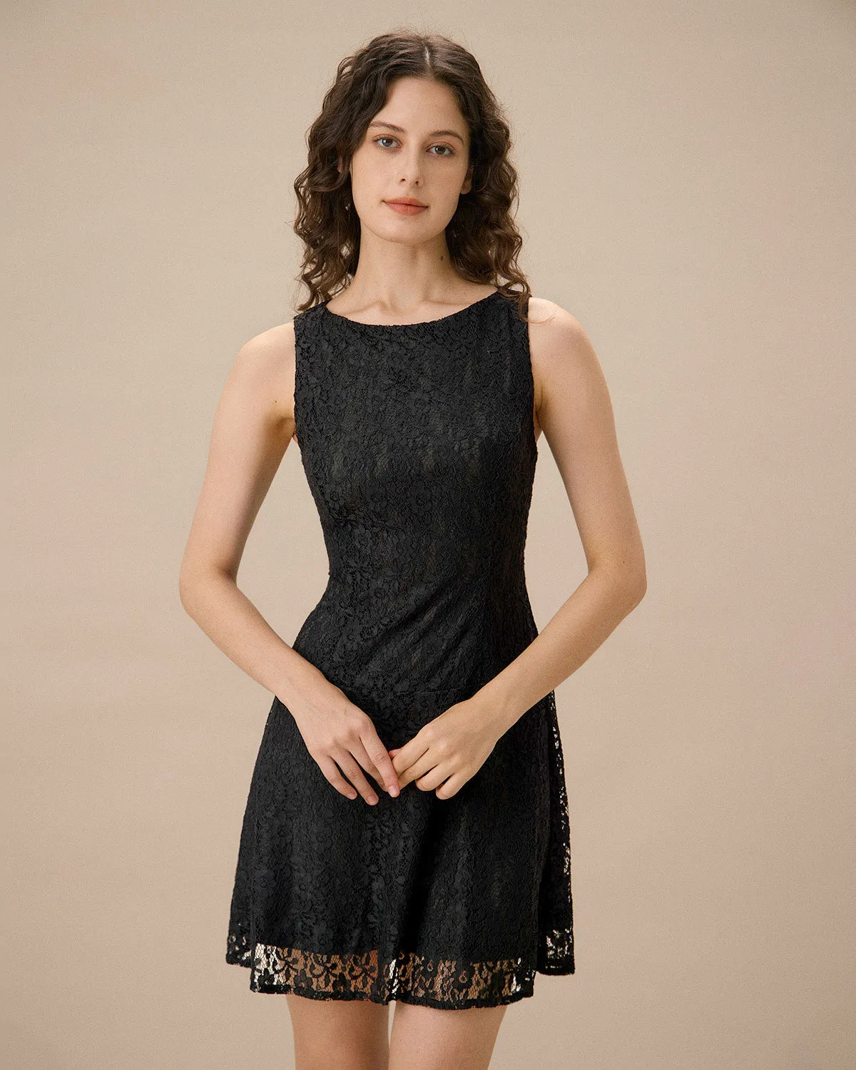 Black Lace Boat Neck Sleeveless Mini Dress