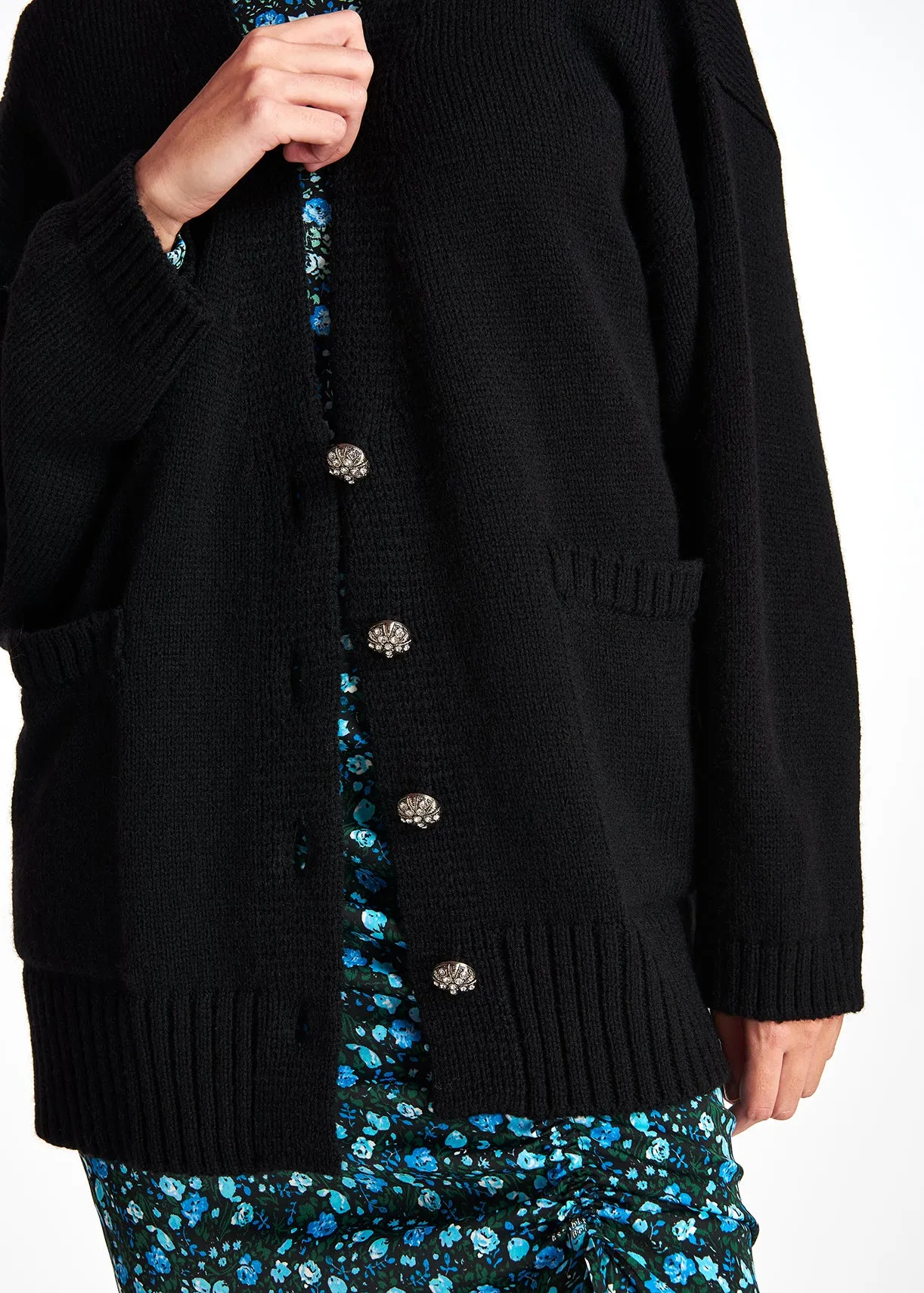 Black oversized cardigan with rhinestone buttons