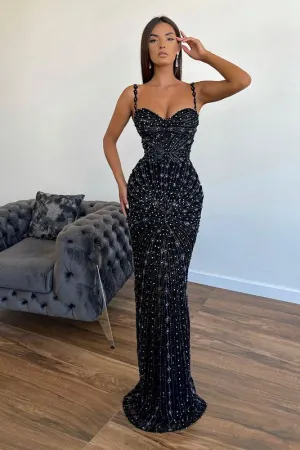 Black Sequin Prom Dress with Sleeveless Straps and Long Applique