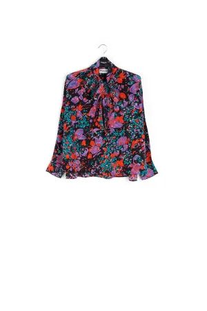 Black silk jacquard pussy-bow shirt