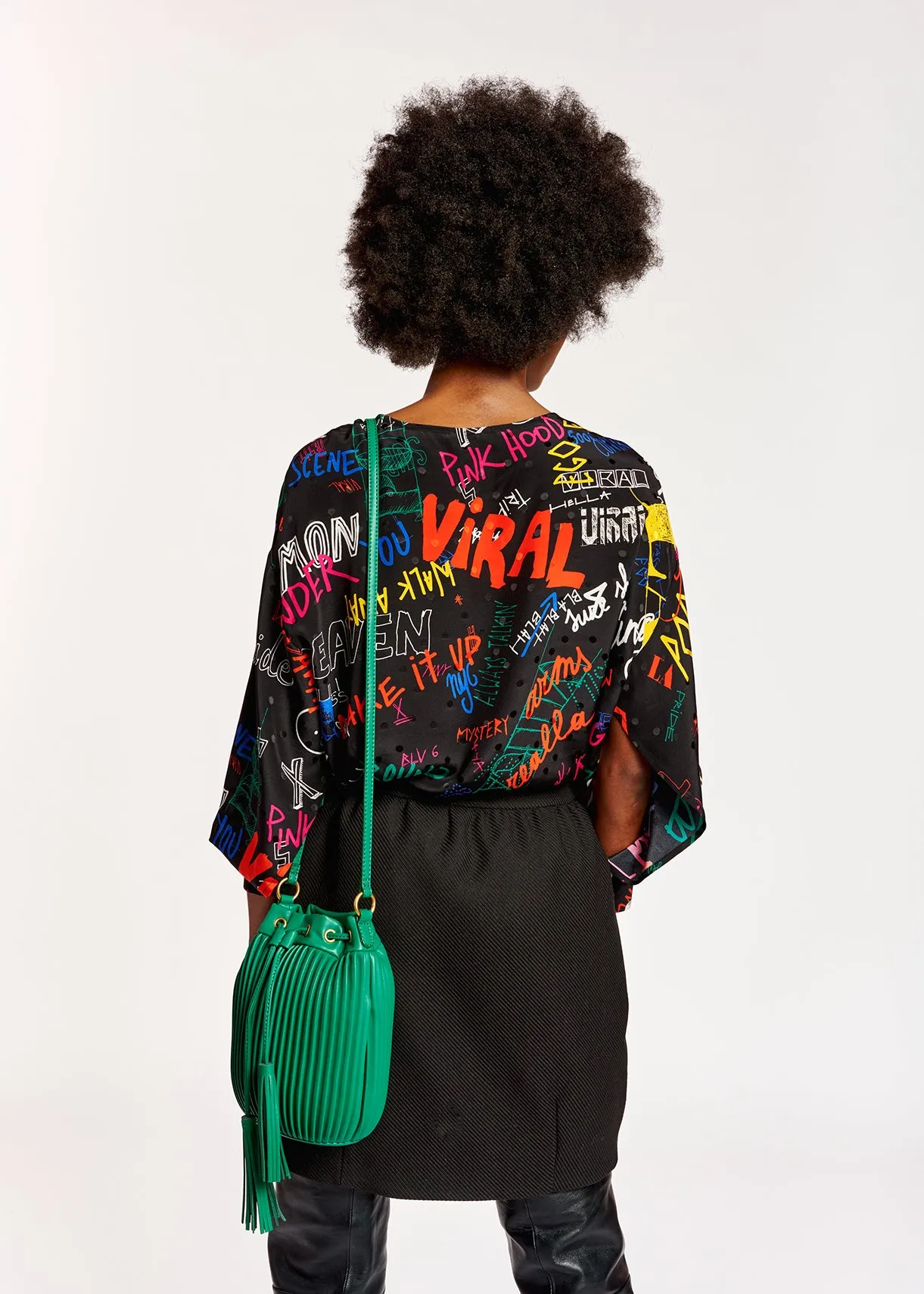 Black silk top with colorful tekst print