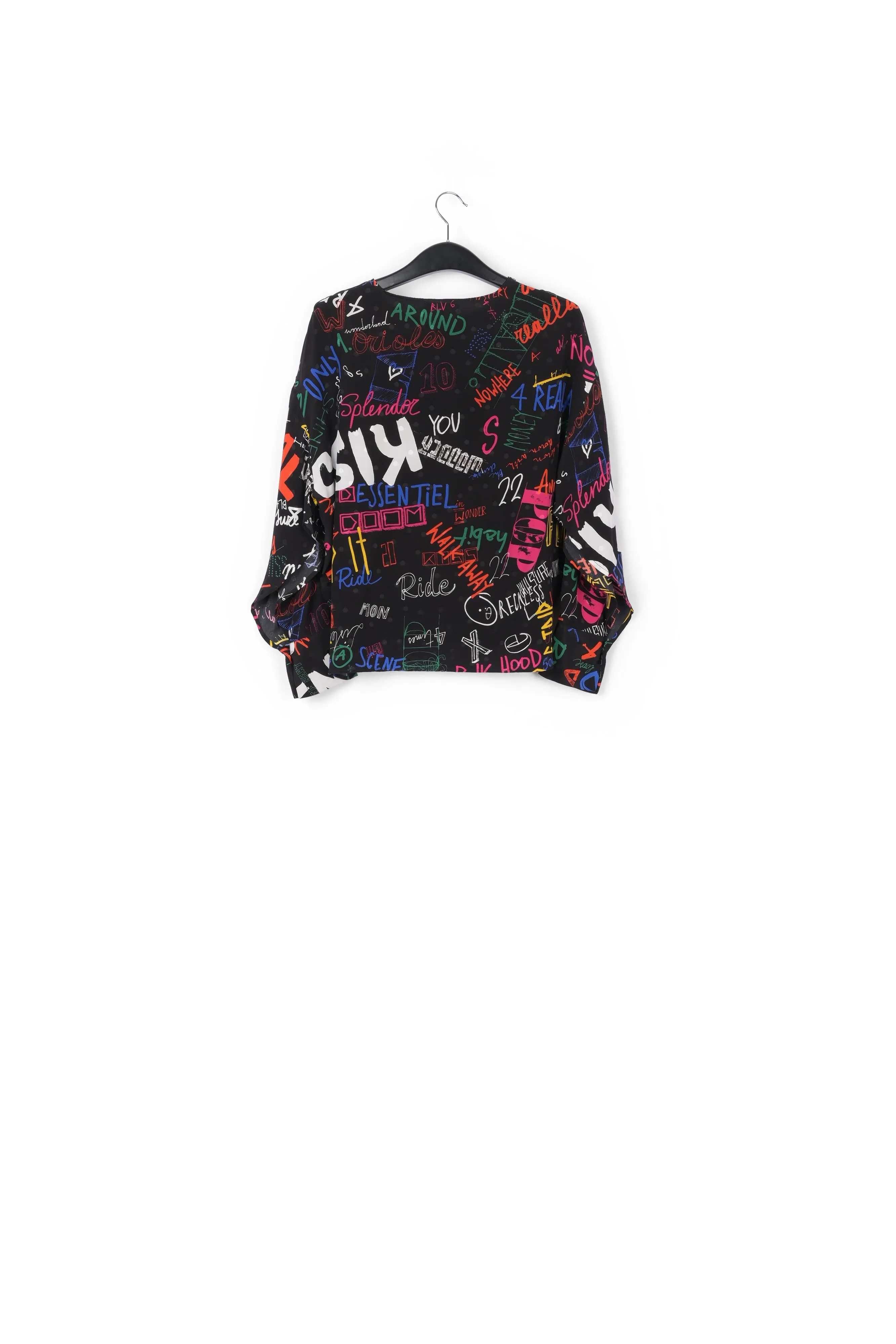 Black silk top with colorful tekst print
