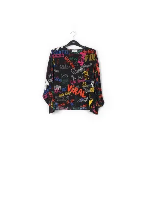 Black silk top with colorful tekst print