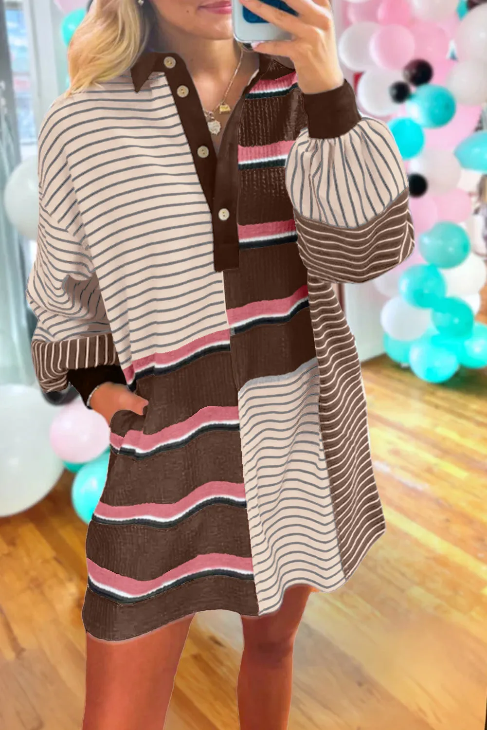 Black Stripe Colorblock Knit Henley Collar Shift Long Sleeve Mini Dress