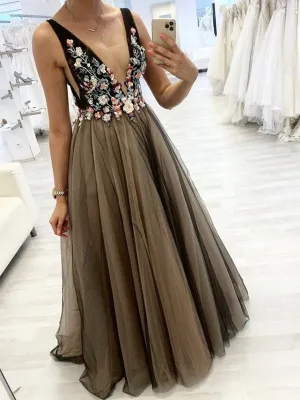 Black V Neck Floral Long Prom, Long 3D Flower Black Formal Evening