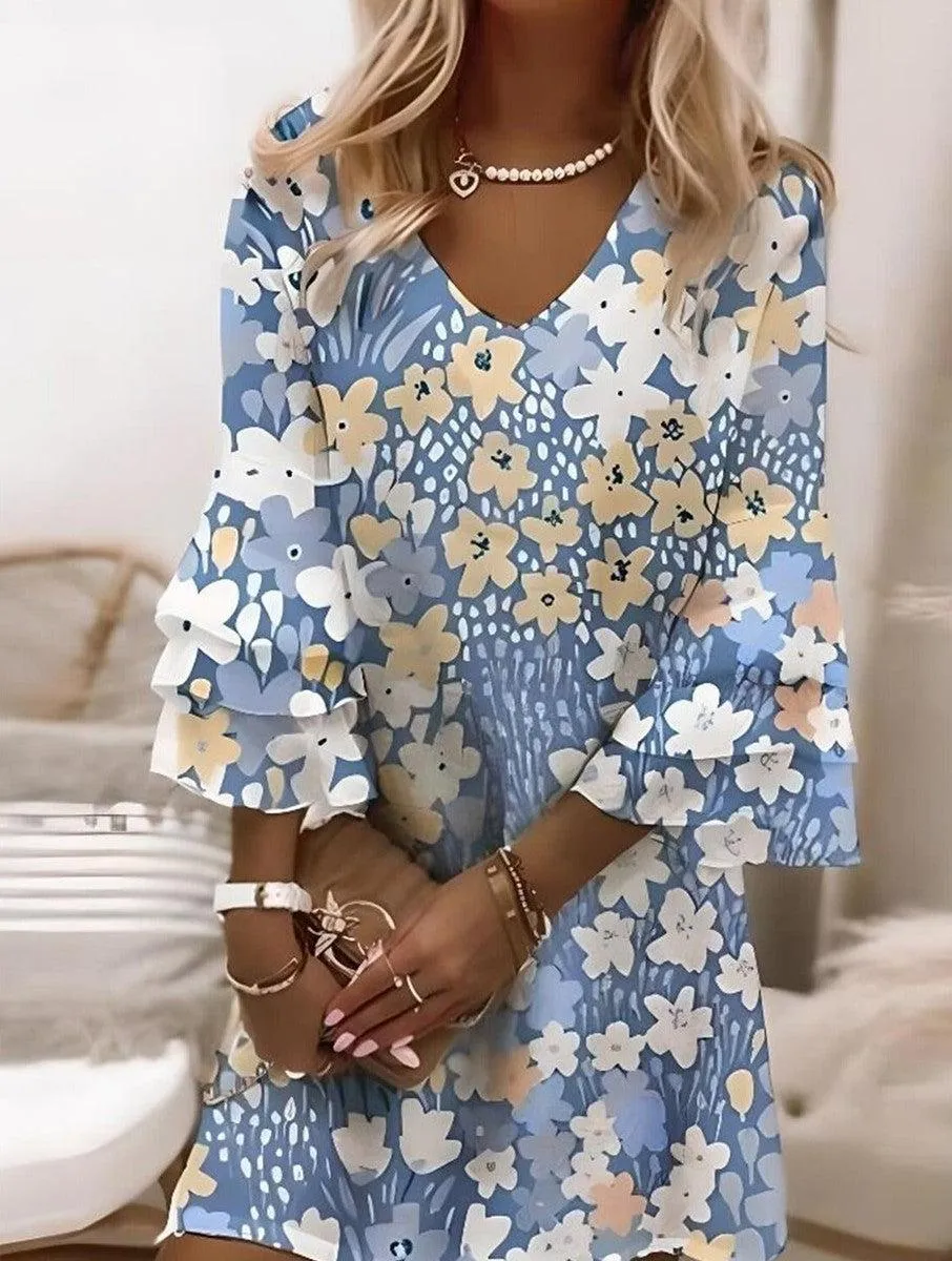 Blue Mini Dress with Floral Pattern and V-Neck