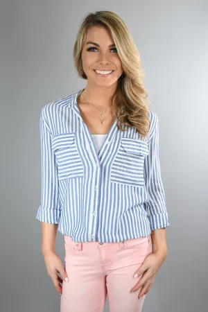 Blue Pin Stripe Button Up Top