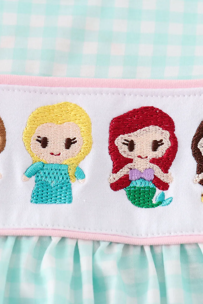 Blue Princess Embroidery Girl Gingham Set