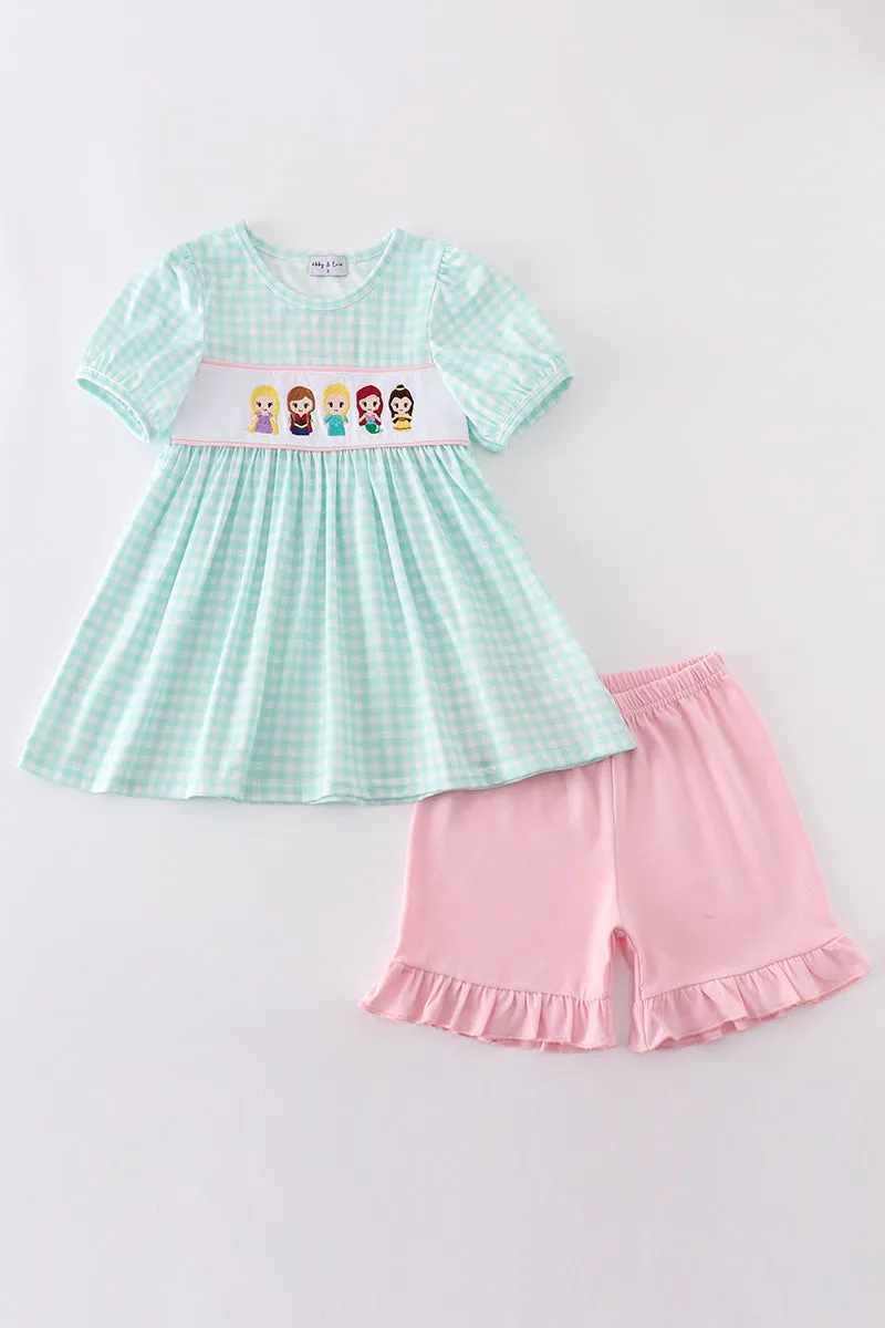Blue Princess Embroidery Girl Gingham Set