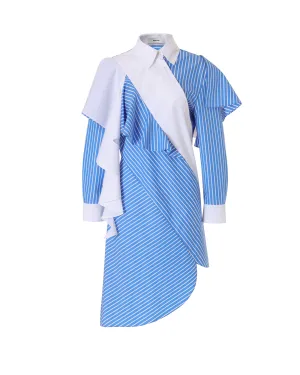 BLUE STRIPE ASYMMETRIC RUFFLE BLOUSE DRESS