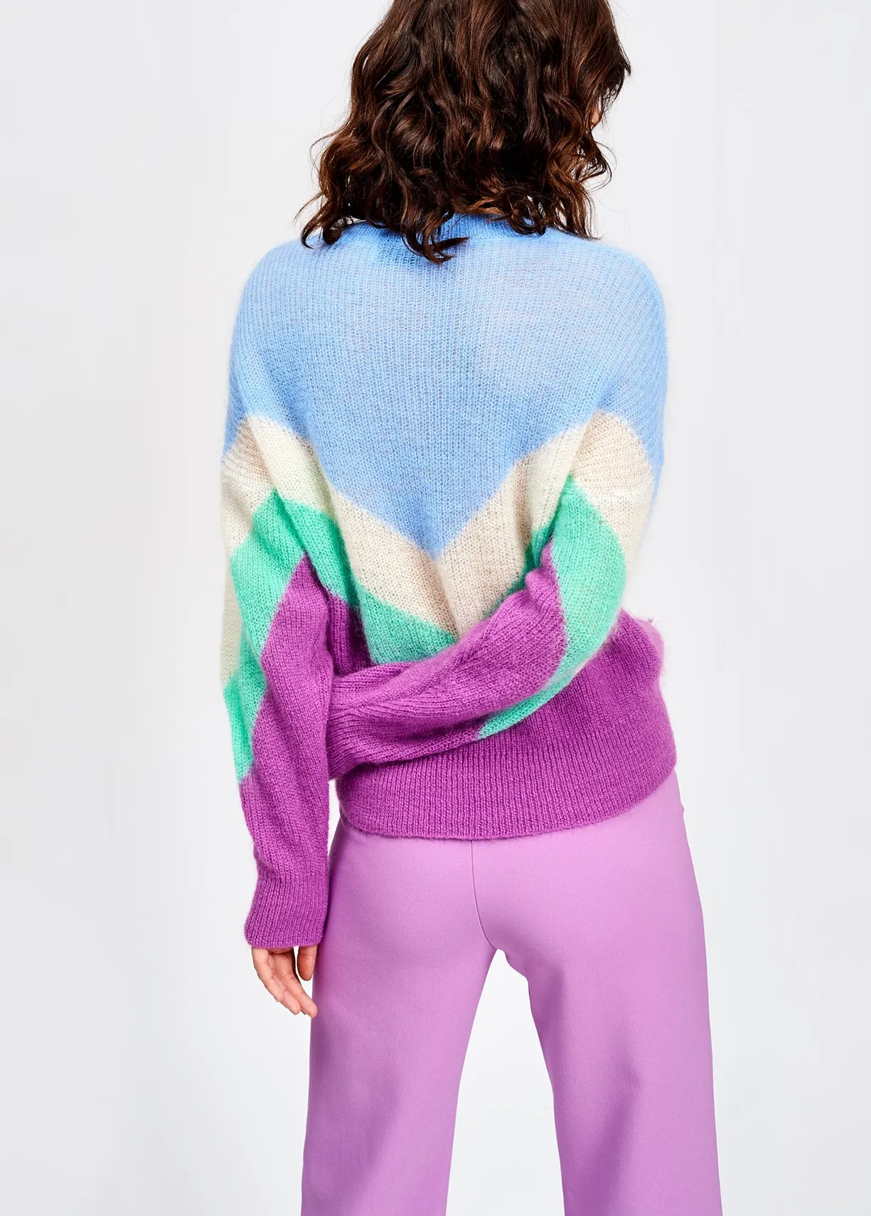 Blue, white and purple v pattern sweater