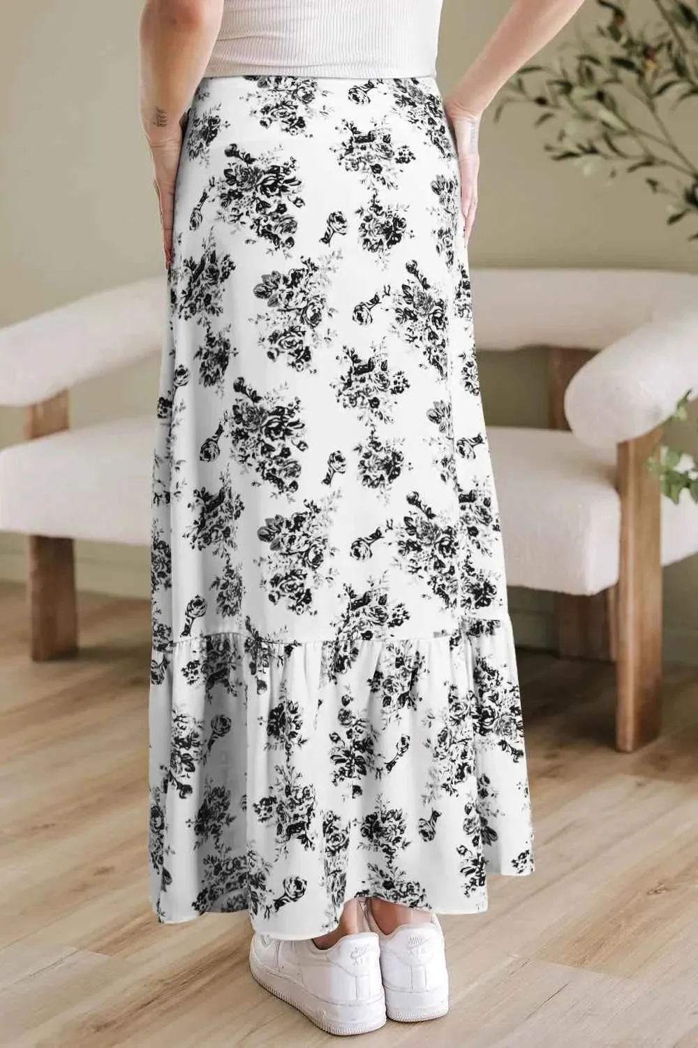 Boho Floral Maxi Skirt with High Waist Ruffle Split for Women
