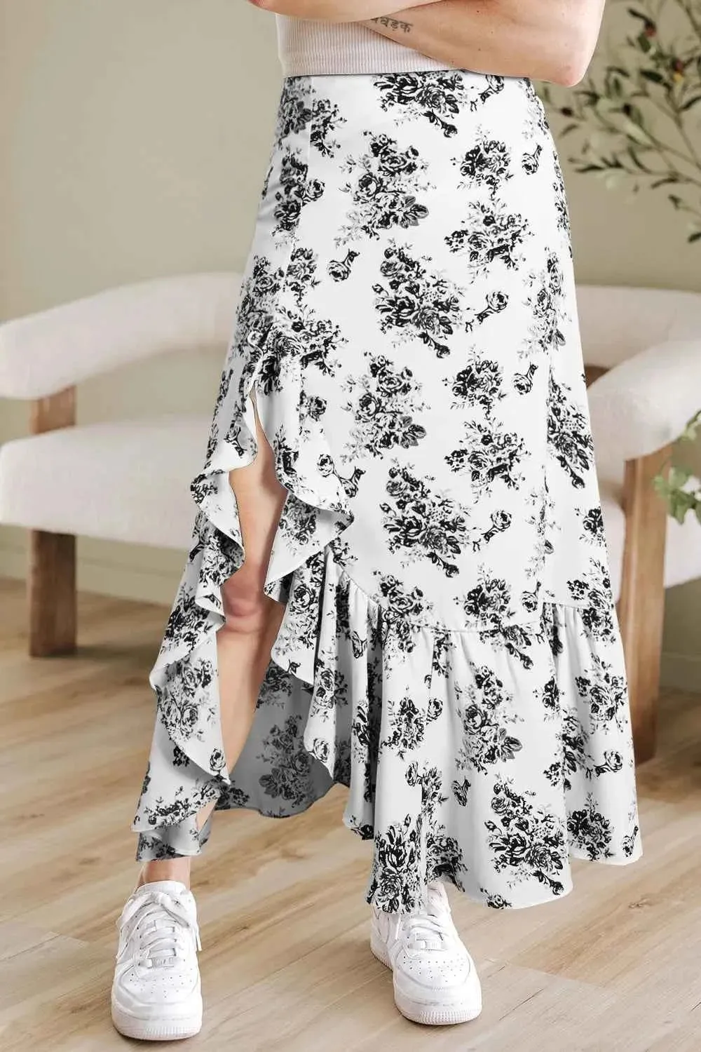 Boho Floral Maxi Skirt with High Waist Ruffle Split for Women