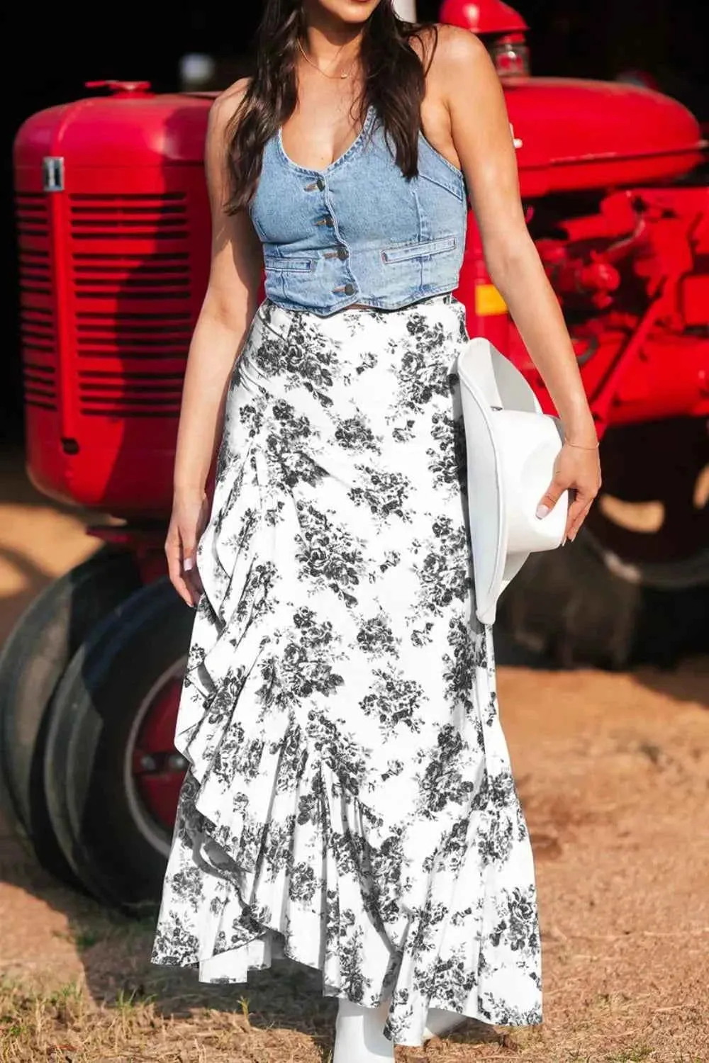Boho Floral Maxi Skirt with High Waist Ruffle Split for Women