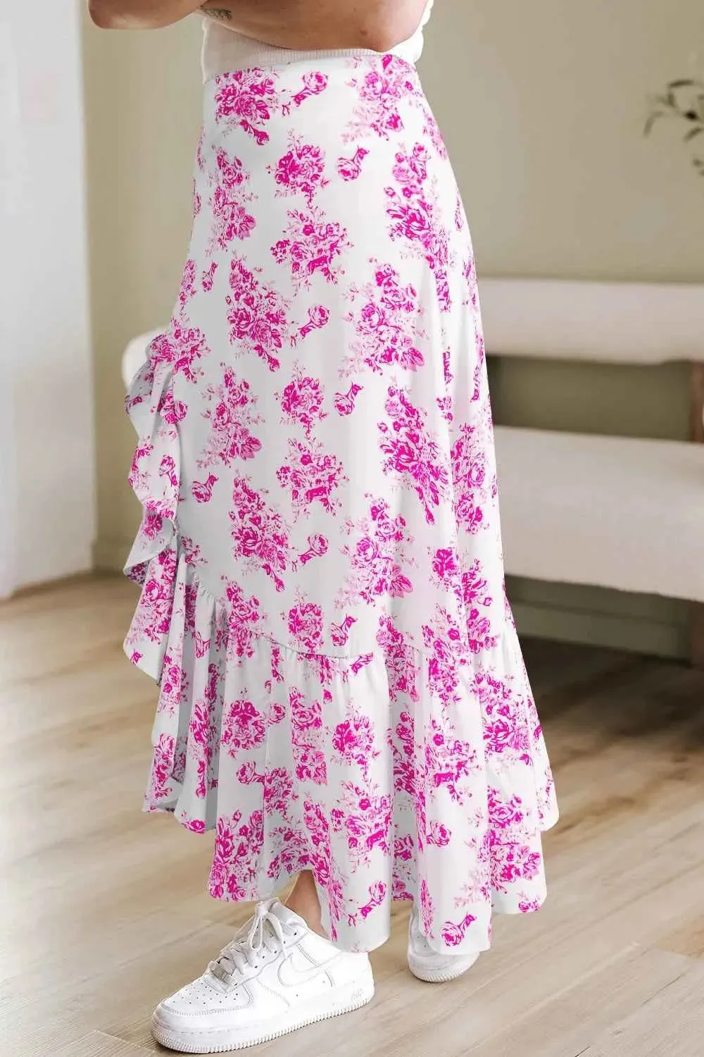 Boho Floral Maxi Skirt with High Waist Ruffle Split for Women