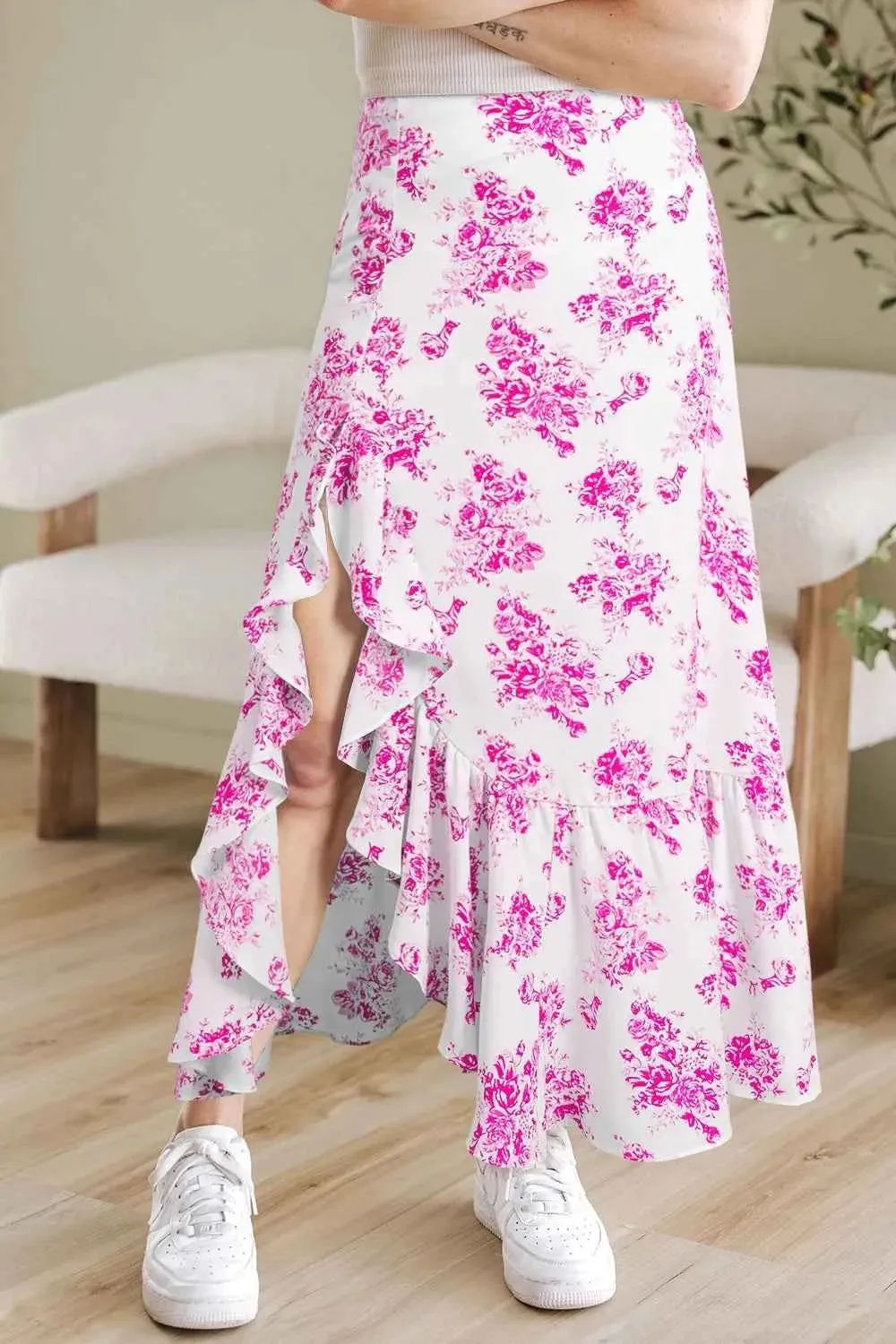 Boho Floral Maxi Skirt with High Waist Ruffle Split for Women