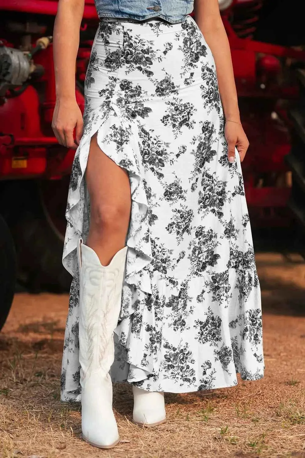 Boho Floral Maxi Skirt with High Waist Ruffle Split for Women
