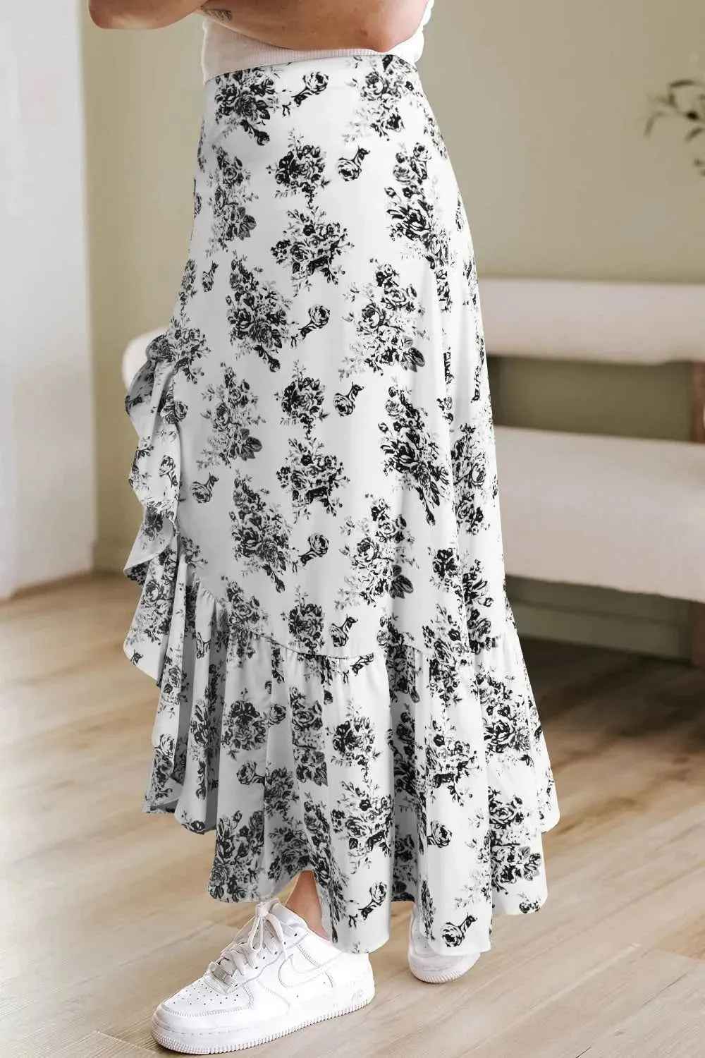 Boho Floral Maxi Skirt with High Waist Ruffle Split for Women