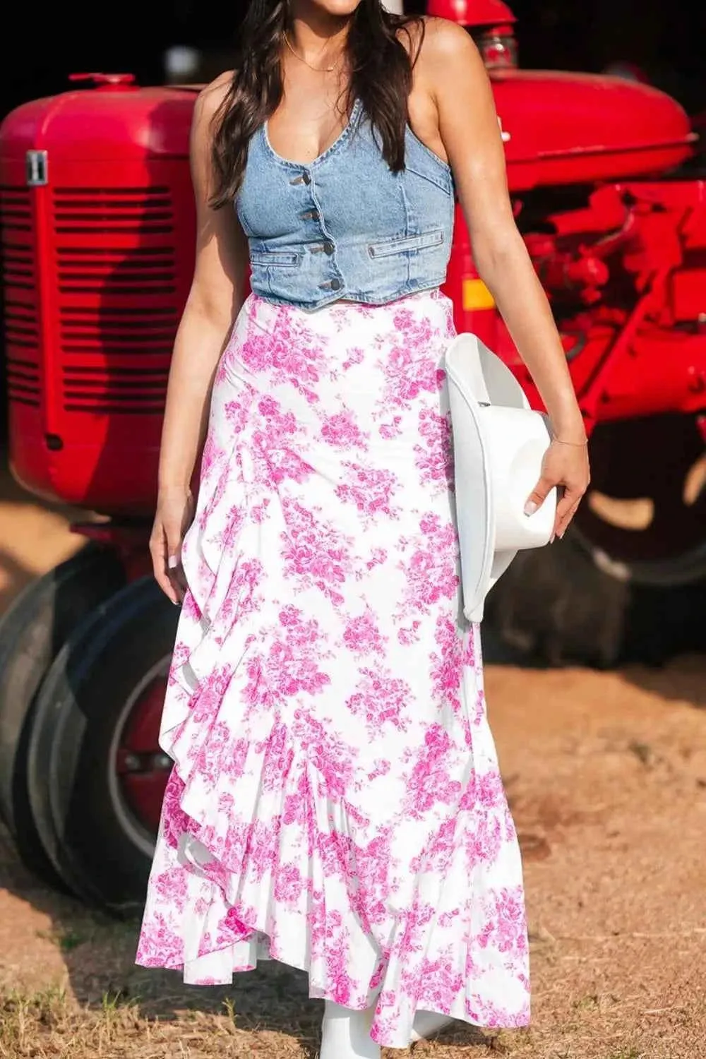 Boho Floral Maxi Skirt with High Waist Ruffle Split for Women