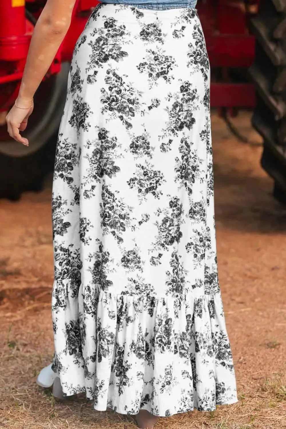 Boho Floral Maxi Skirt with High Waist Ruffle Split for Women