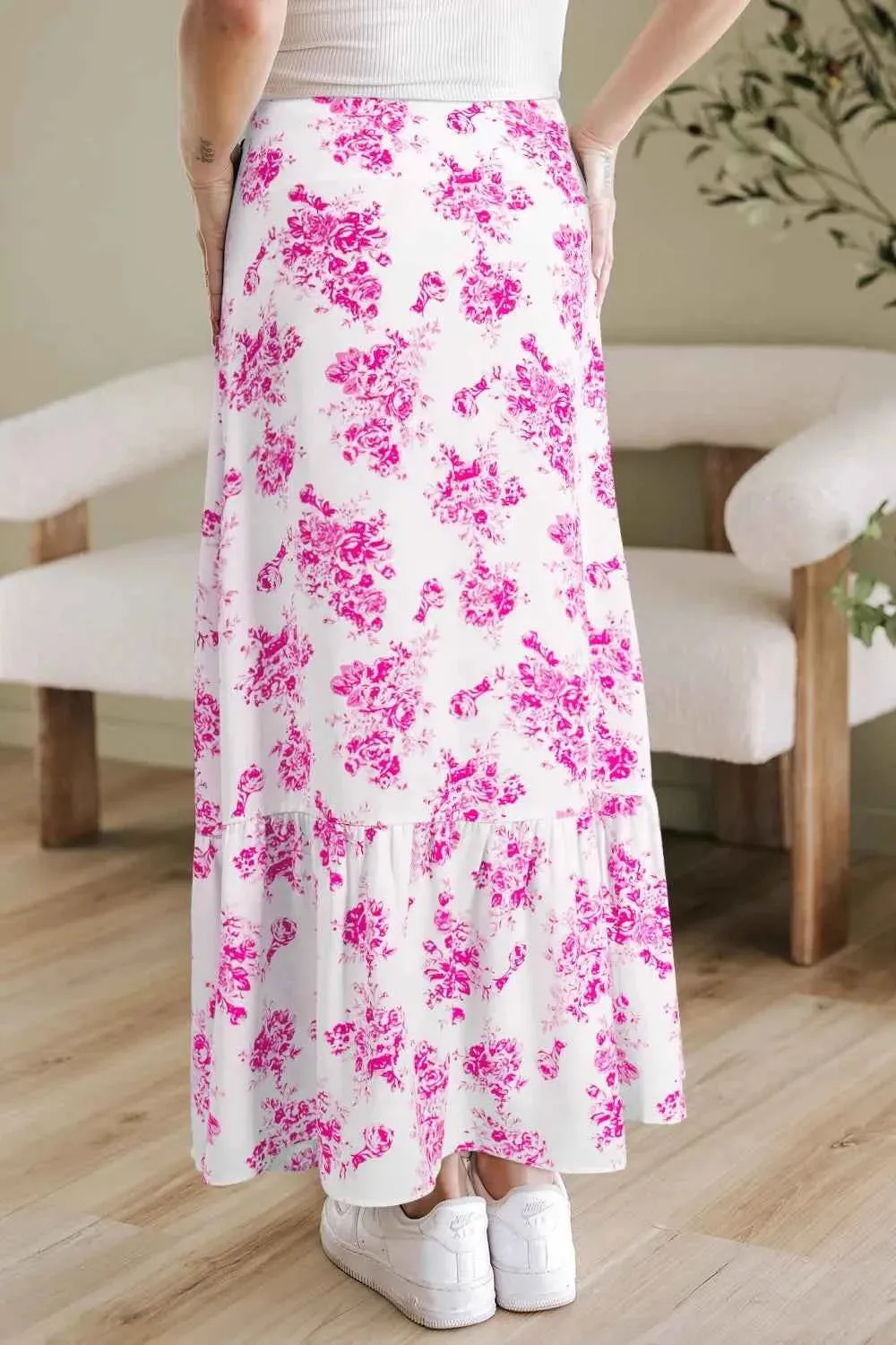 Boho Floral Maxi Skirt with High Waist Ruffle Split for Women